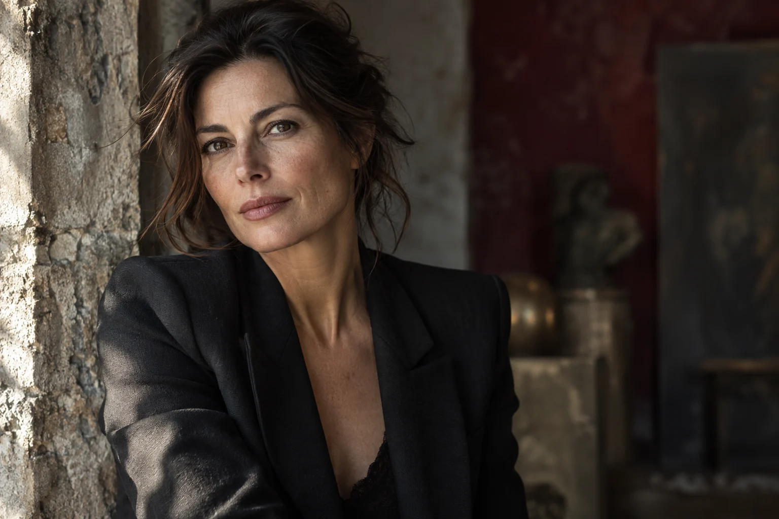 Portrait photographique d’une femme brune près d’un mur de pierre