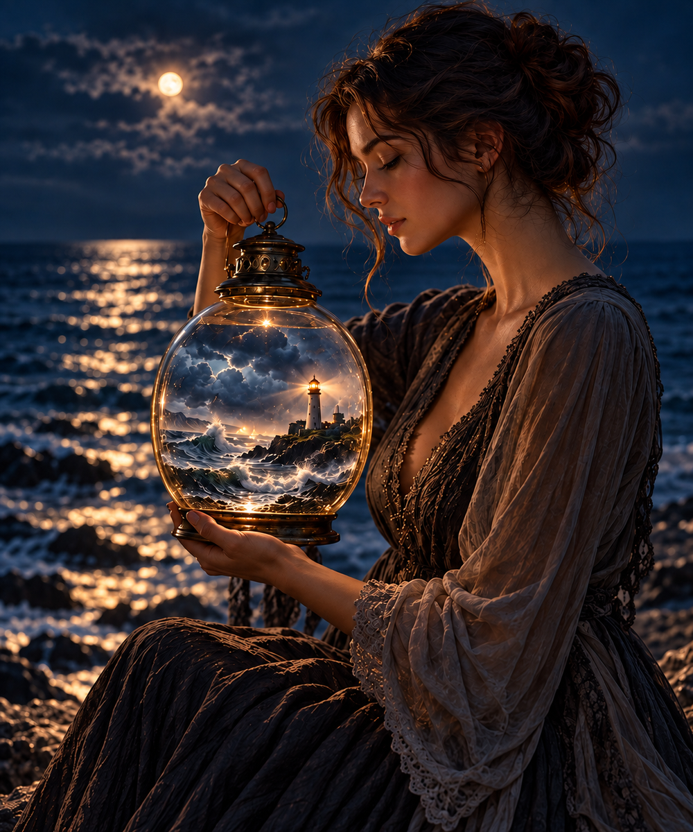 Femme tenant une lanterne de verre contenant une mer agitée et un phare