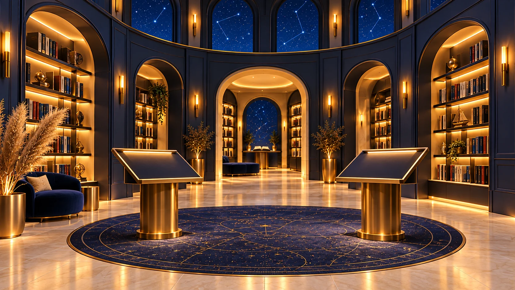 Alcôve de voyage bleu nuit et or avec deux pupitres sous un ciel de constellations