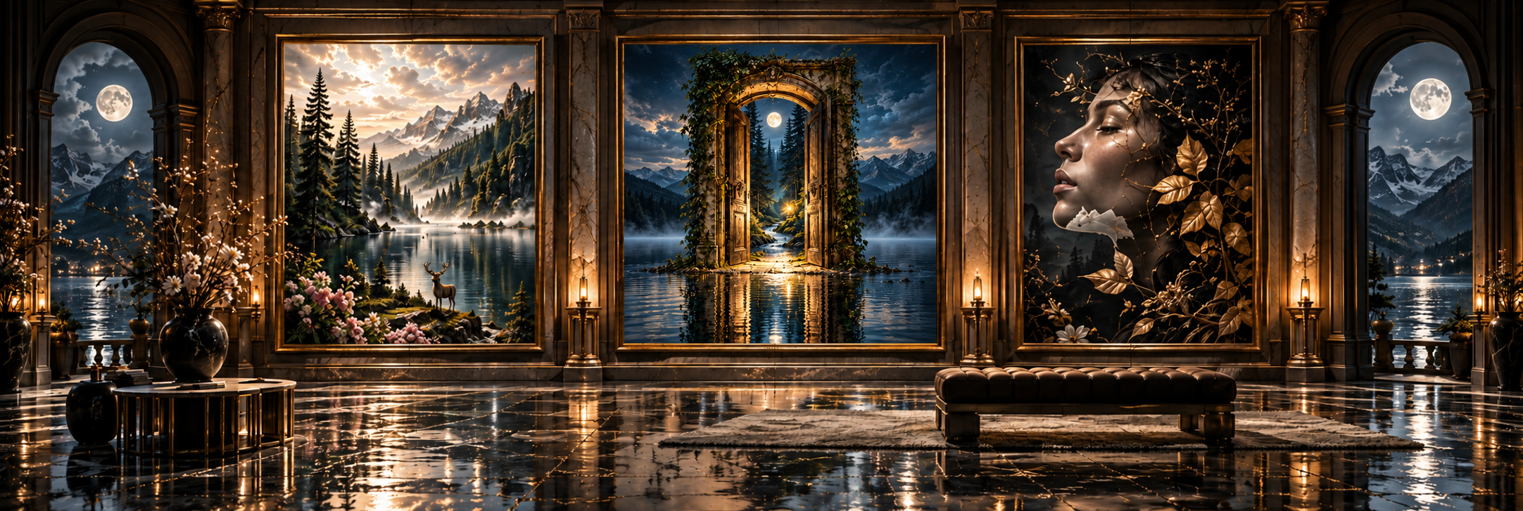Galerie sombre et dorée avec une porte sur l’eau au centre