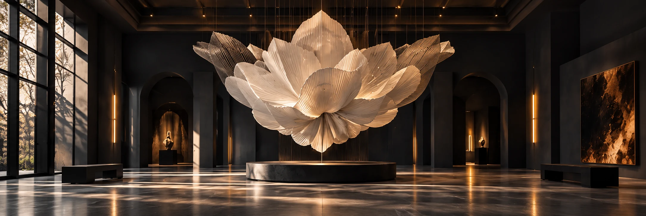 Grande sculpture de papier ivoire dans une galerie sombre éclairée de cuivre