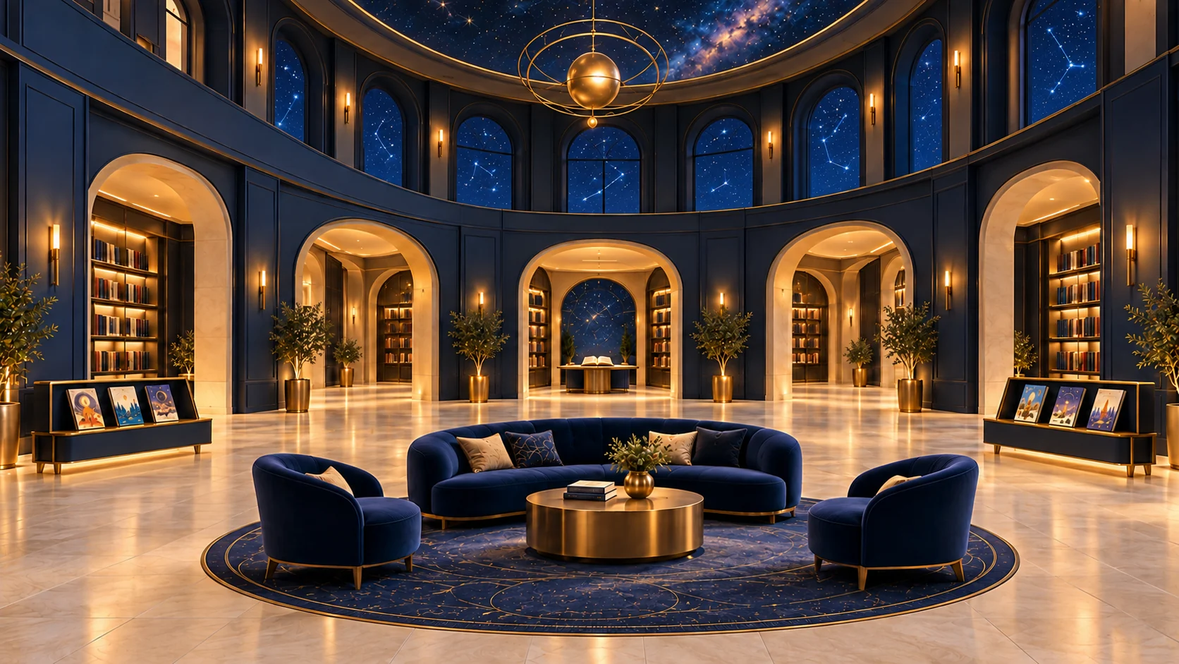 Salon de lecture bleu nuit, trois alcôves éclairées et ciel de constellations