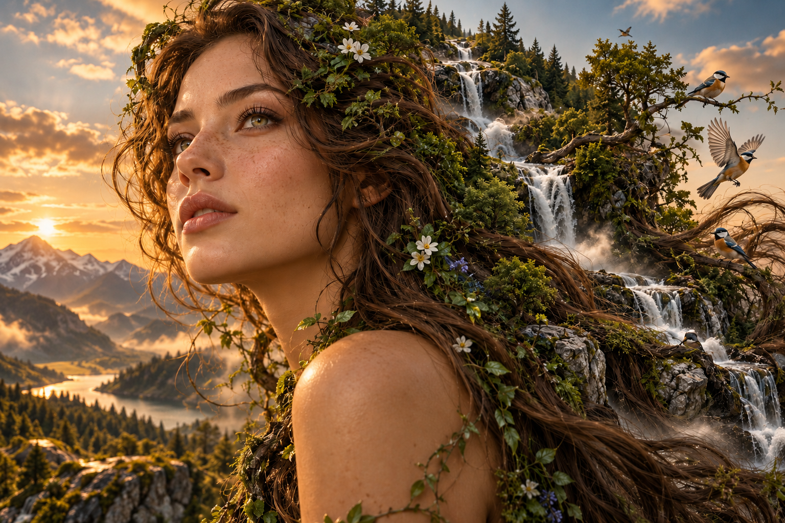 Portrait féminin en paysage, avec forêt et cascade dans la chevelure