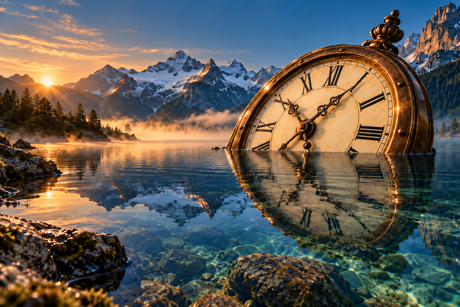 Horloge de bronze en partie immergée dans un lac alpin