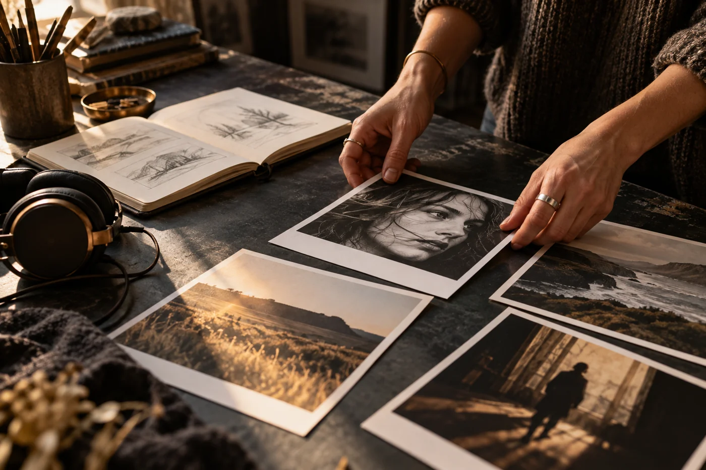 Mains arrangeant des tirages photographiques sur une table d’atelier