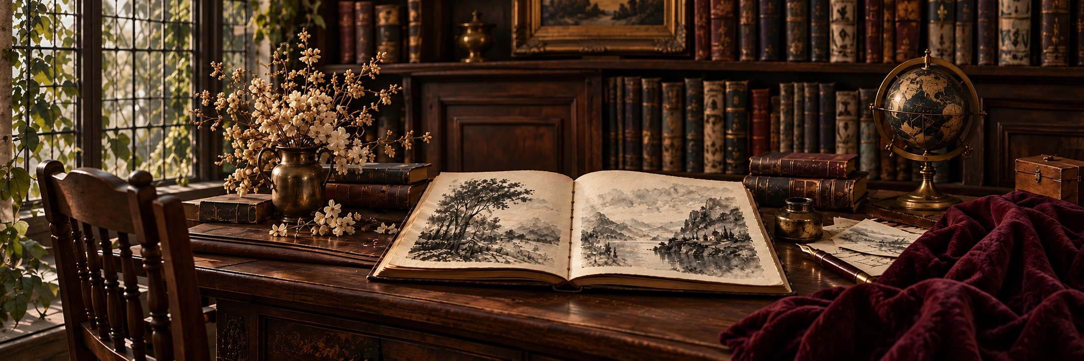 Bibliothèque Cyphera Studio : livre illustré ouvert sur un bureau en bois sombre, fleurs séchées et globe en bronze dans une lumière douce