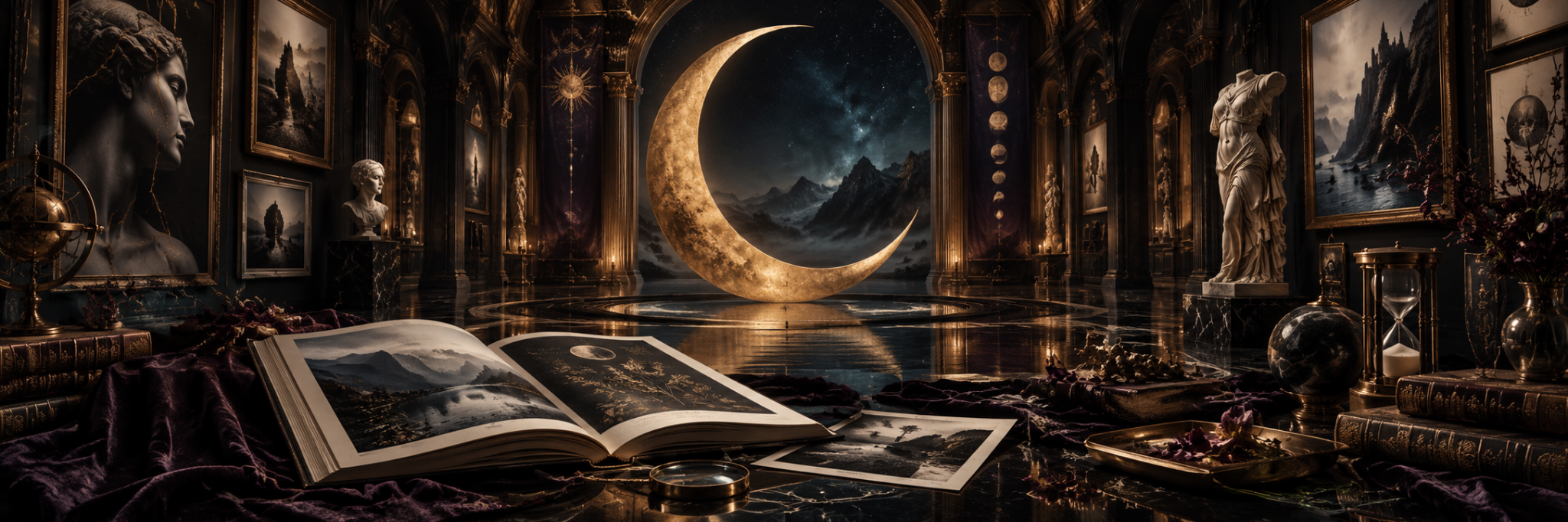 Galerie nocturne, livre ouvert et grand croissant de lune doré