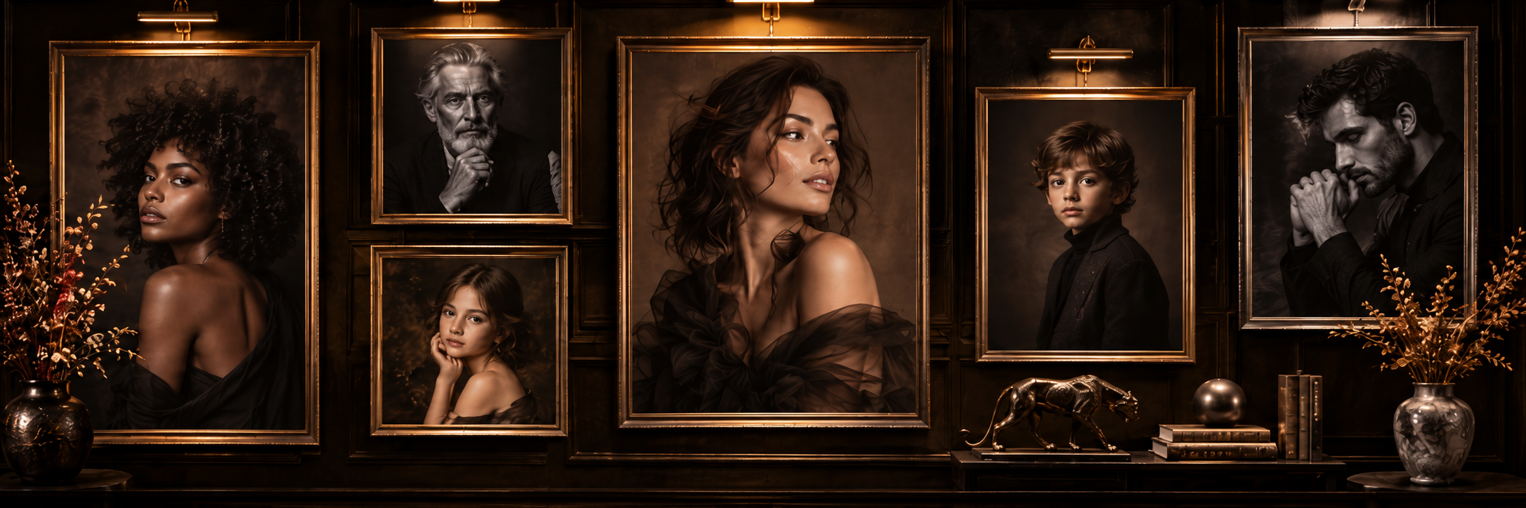 Galerie de portraits encadrés dans une ambiance sombre et bronze