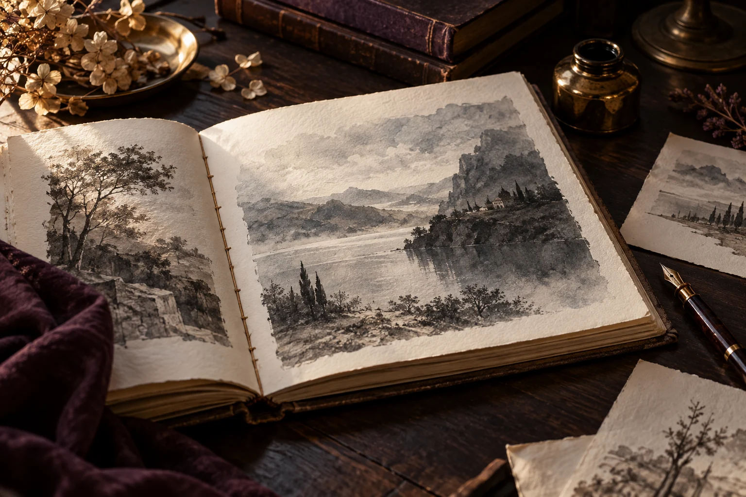 Livre illustré ouvert sur une table de travail