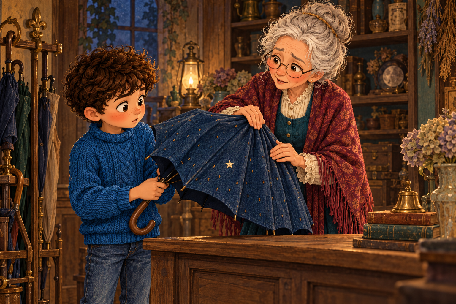 Madame Zéphyr présente le parapluie bleu nuit à Milo