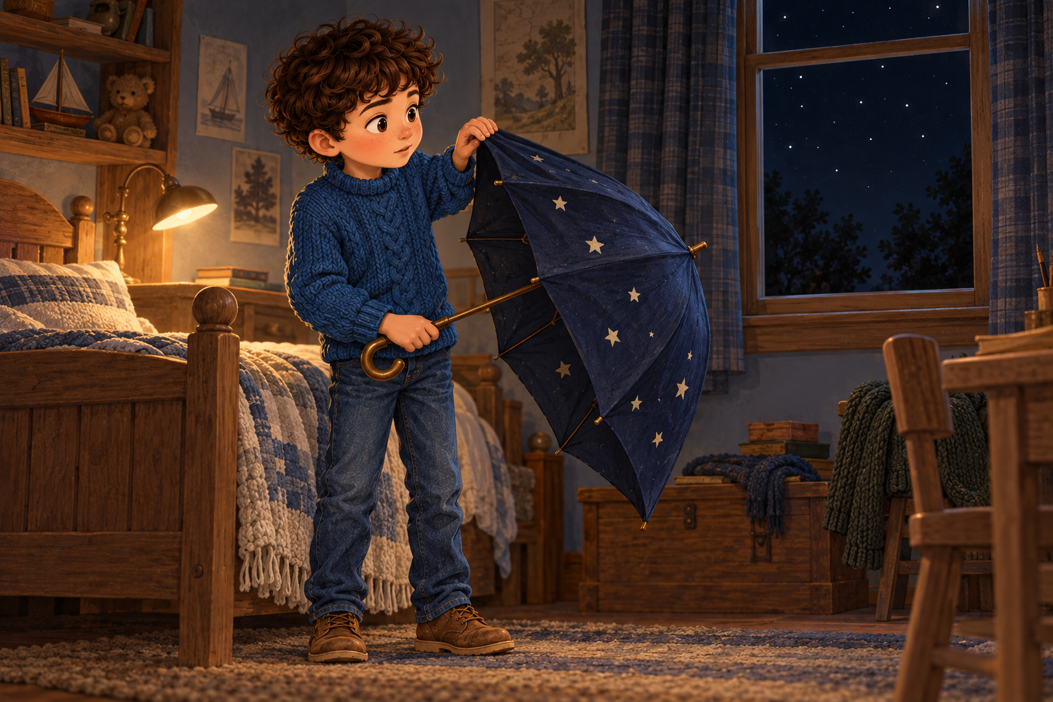 Milo entrouvre le parapluie dans sa chambre
