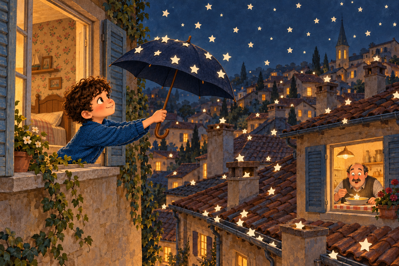 Une scène de l’aventure de Milo et du parapluie aux étoiles
