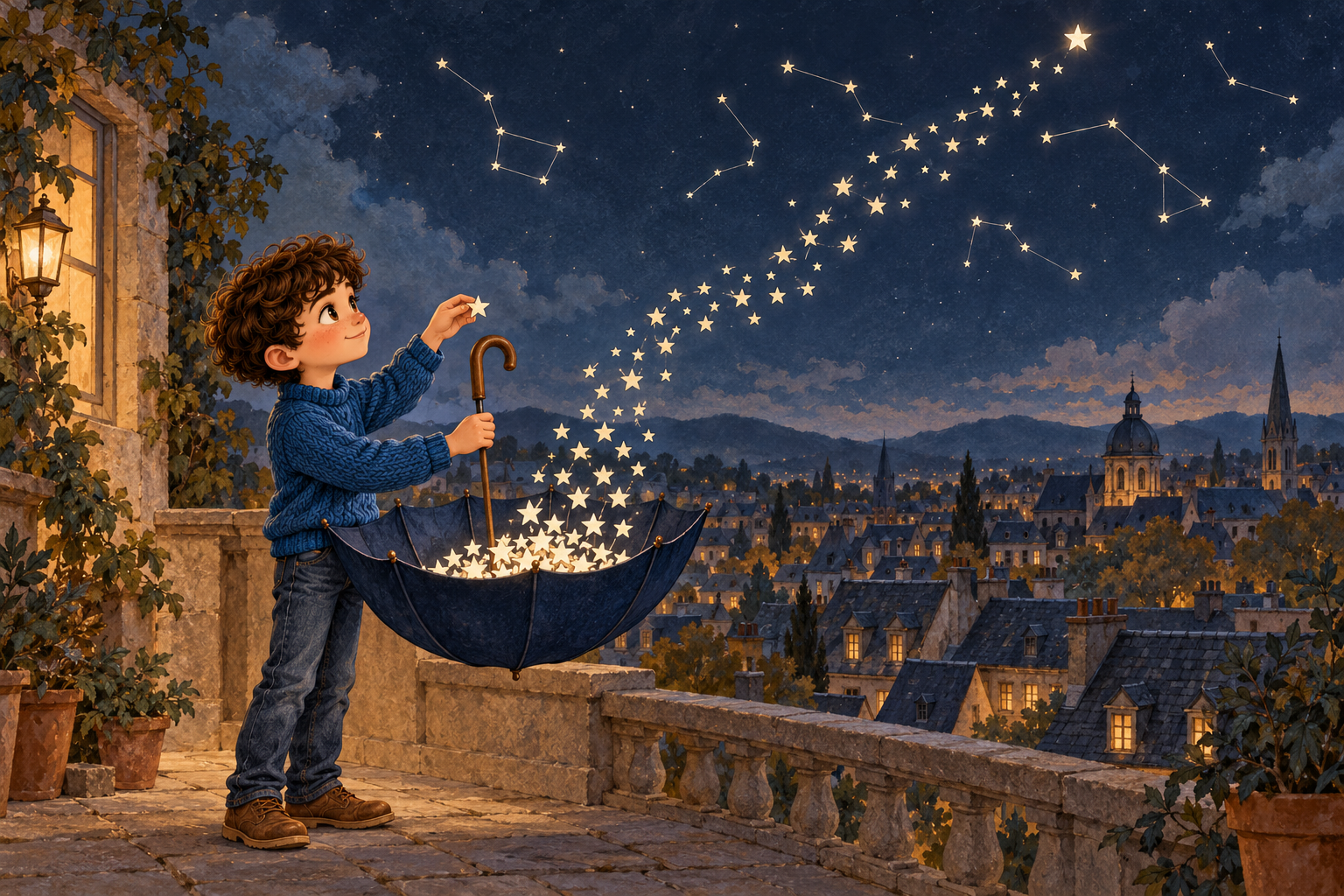 Une scène de l’aventure de Milo et du parapluie aux étoiles