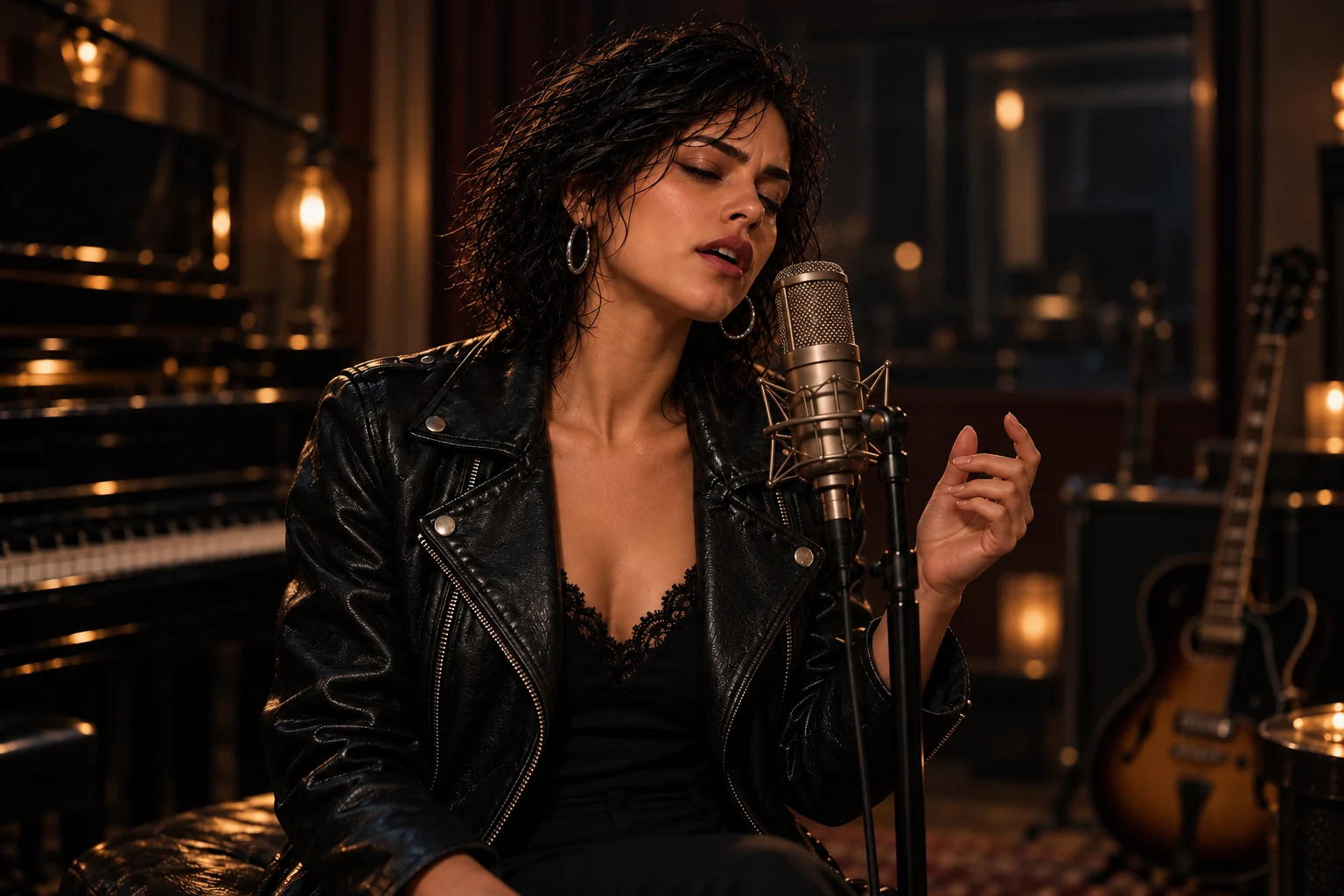 La chanteuse aux cheveux bruns interprète une chanson au micro dans un studio chaleureux