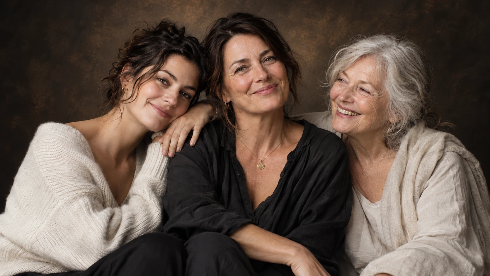 Portrait de trois générations de femmes sur fond de studio aux tons charbon et bronze