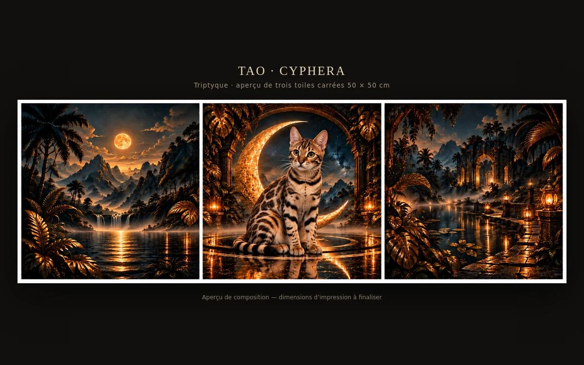 Le triptyque Tao : paysages nocturnes et chat Bengal au centre