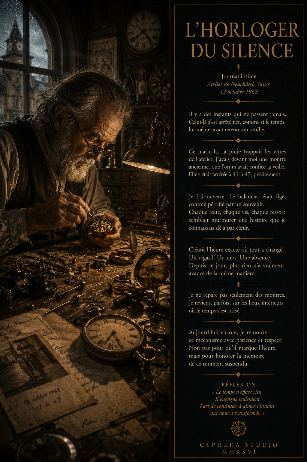 Affiche L’Horloger du Silence, horloger réparant une montre ancienne