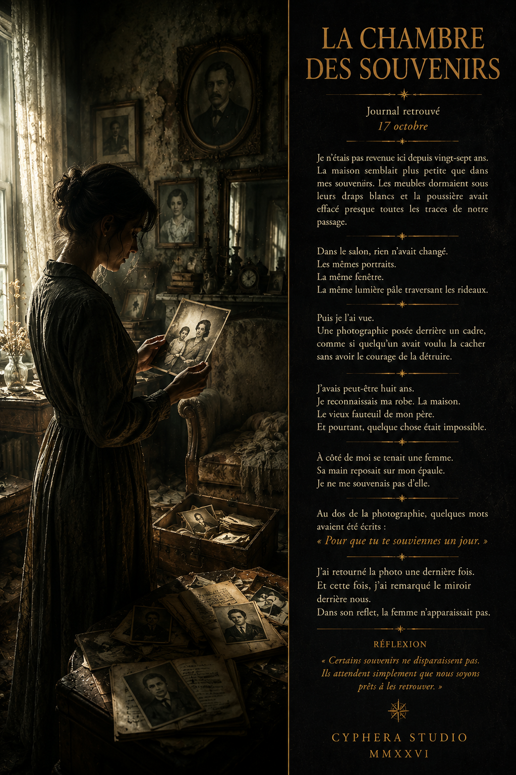 Affiche La Chambre des Souvenirs, femme tenant une photographie ancienne