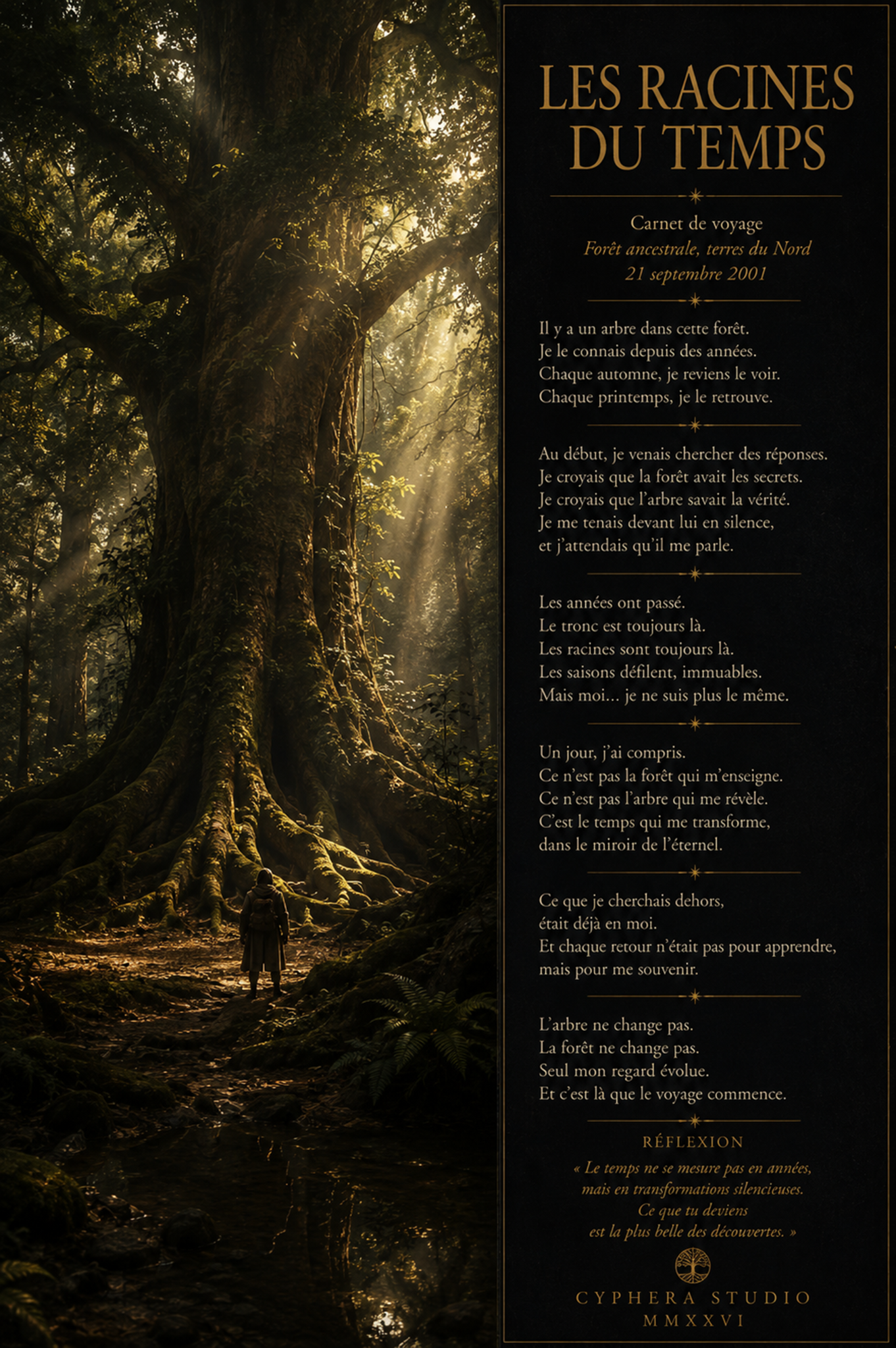 Affiche Les Racines du Temps, arbre ancestral dans une forêt traversée de lumière