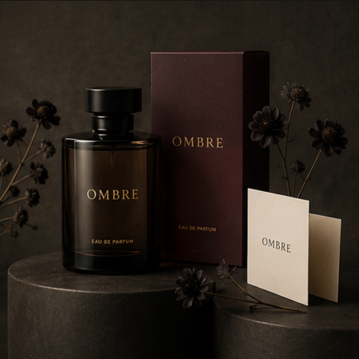 Identité de parfum OMBRE avec flacon, coffret et carte