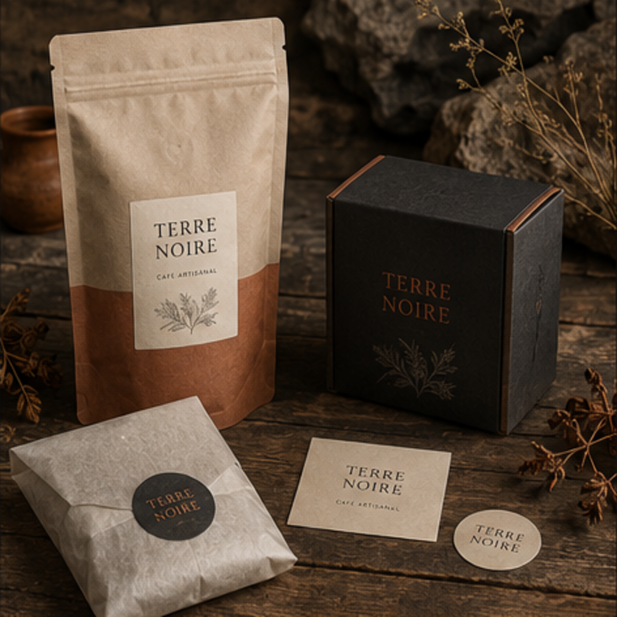 Packaging artisanal TERRE NOIRE sur une table en bois