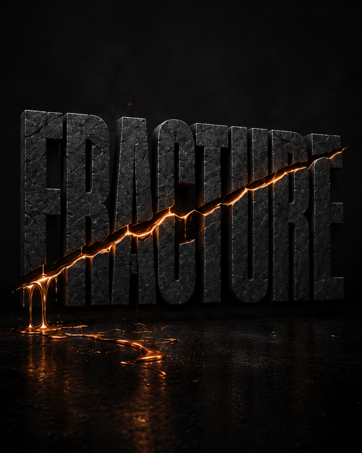 Mot FRACTURE sculpté dans la pierre noire et traversé par une fissure de cuivre incandescent