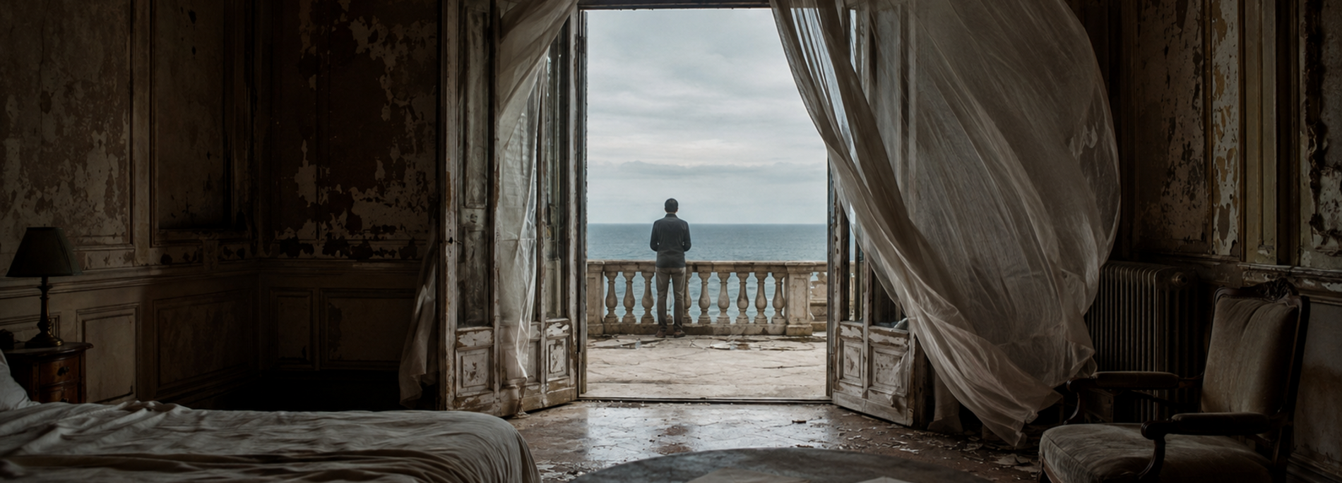 Chambre d’hôtel abandonnée ouverte sur la mer