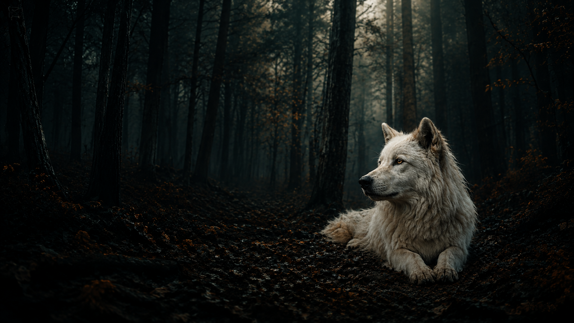 Loup blanc dans une forêt sombre