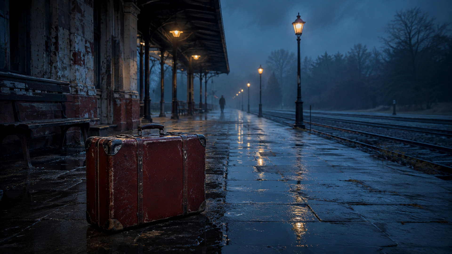 Valise rouge oubliée sur un quai de gare brumeux