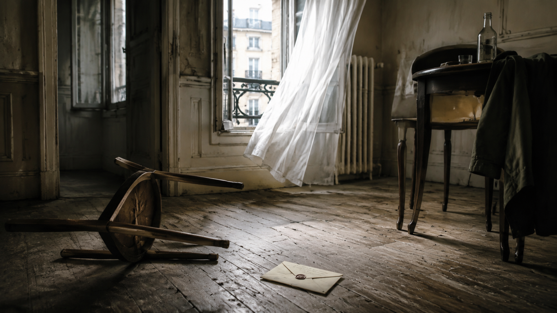 Appartement désert, chaise renversée et lettre scellée