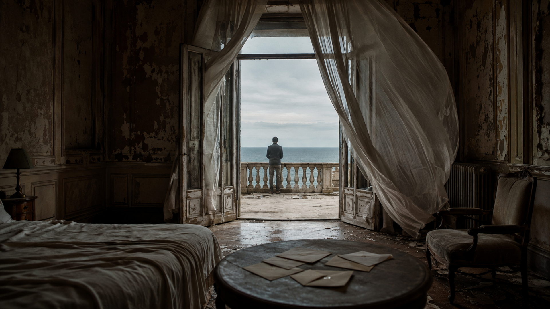 Chambre d’hôtel abandonnée ouverte sur la mer