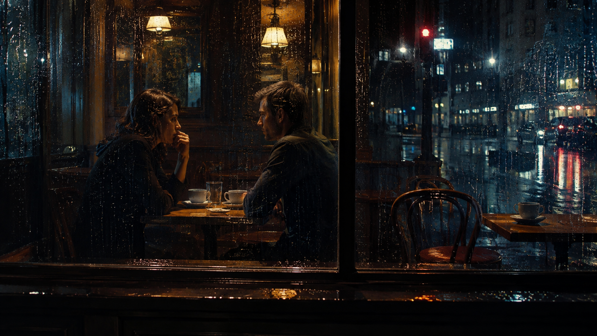 Conversation nocturne derrière la vitre pluvieuse d’un café