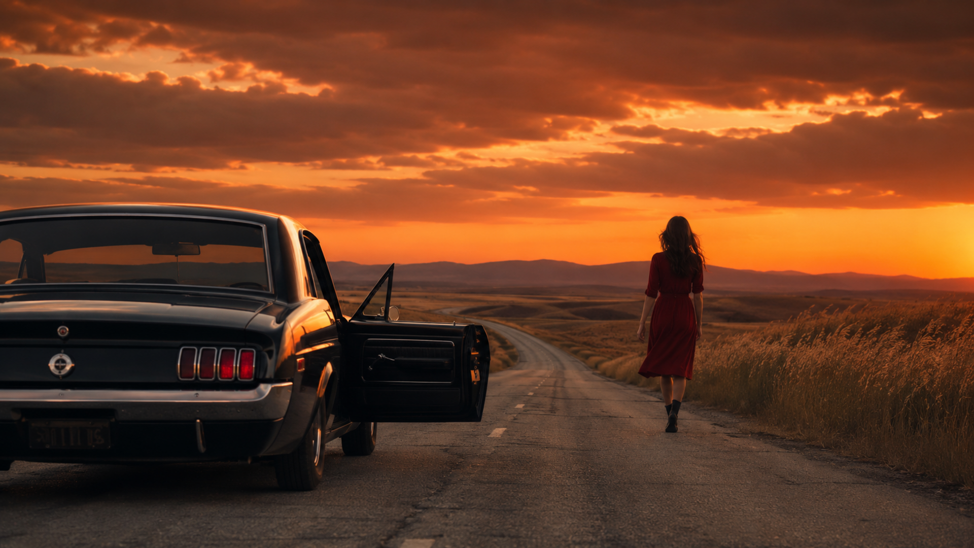 Femme s’éloignant d’une voiture au coucher du soleil