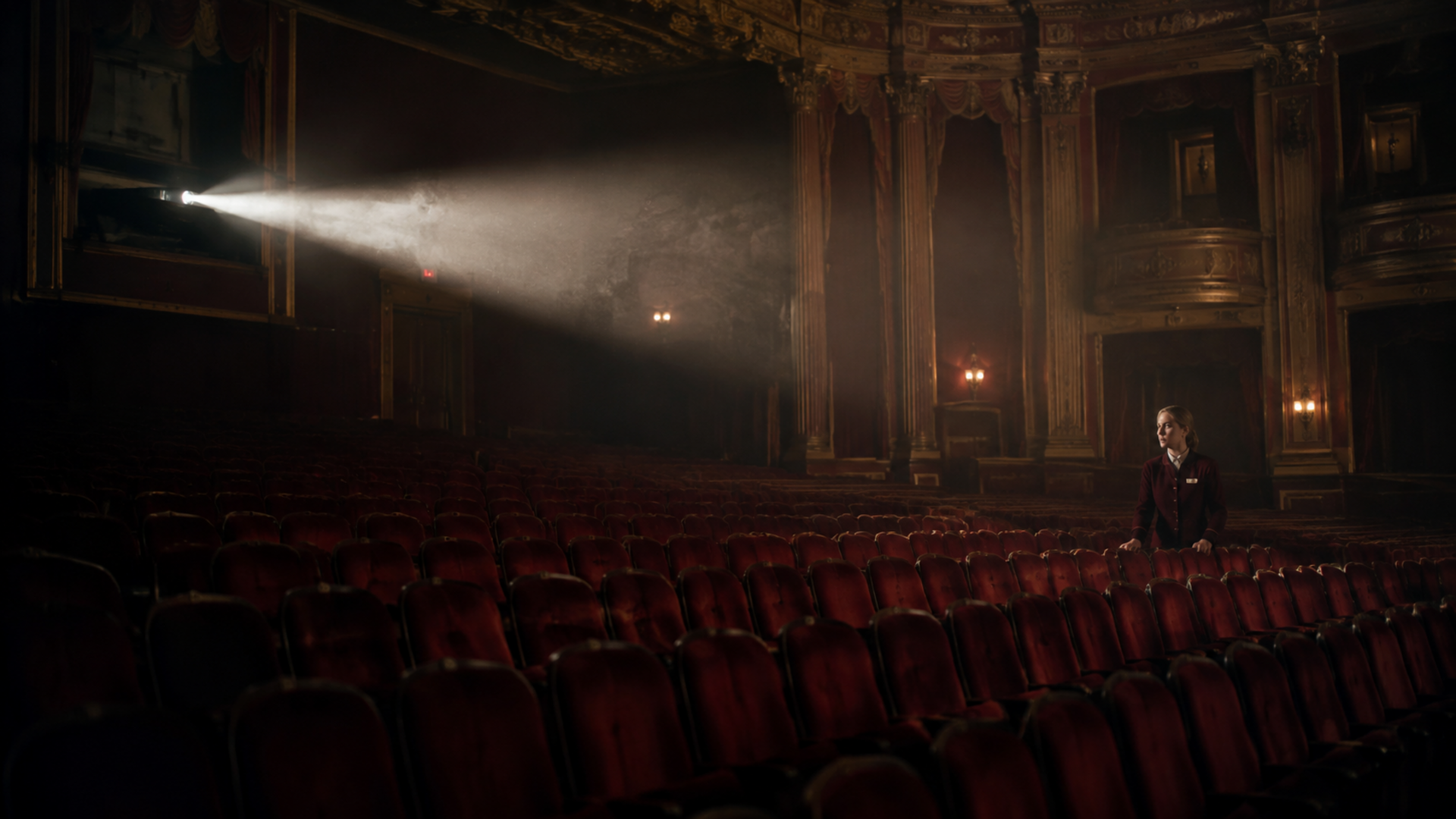 Employée seule dans un théâtre vide traversé par un projecteur