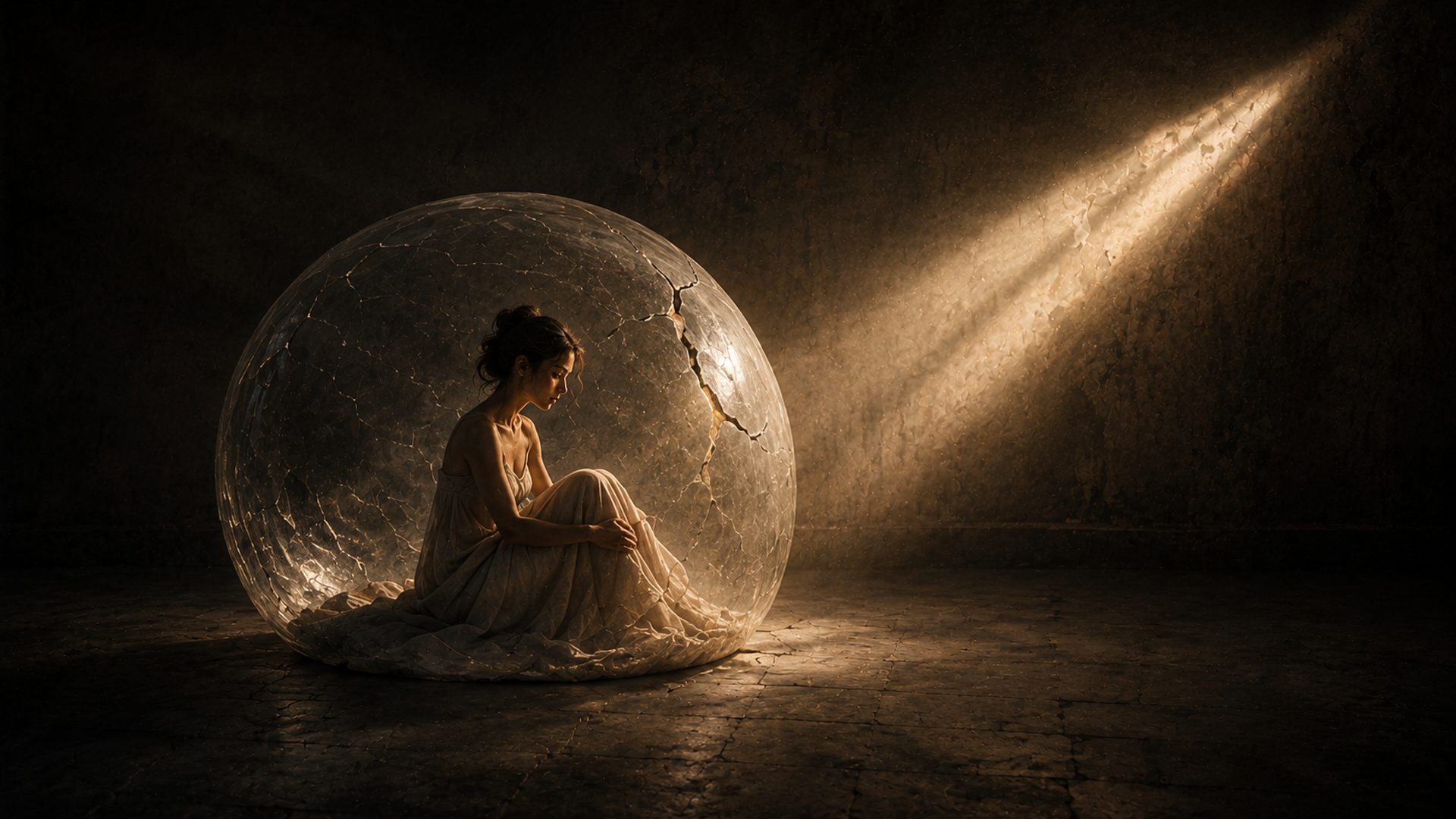Femme assise dans une sphère transparente fissurée