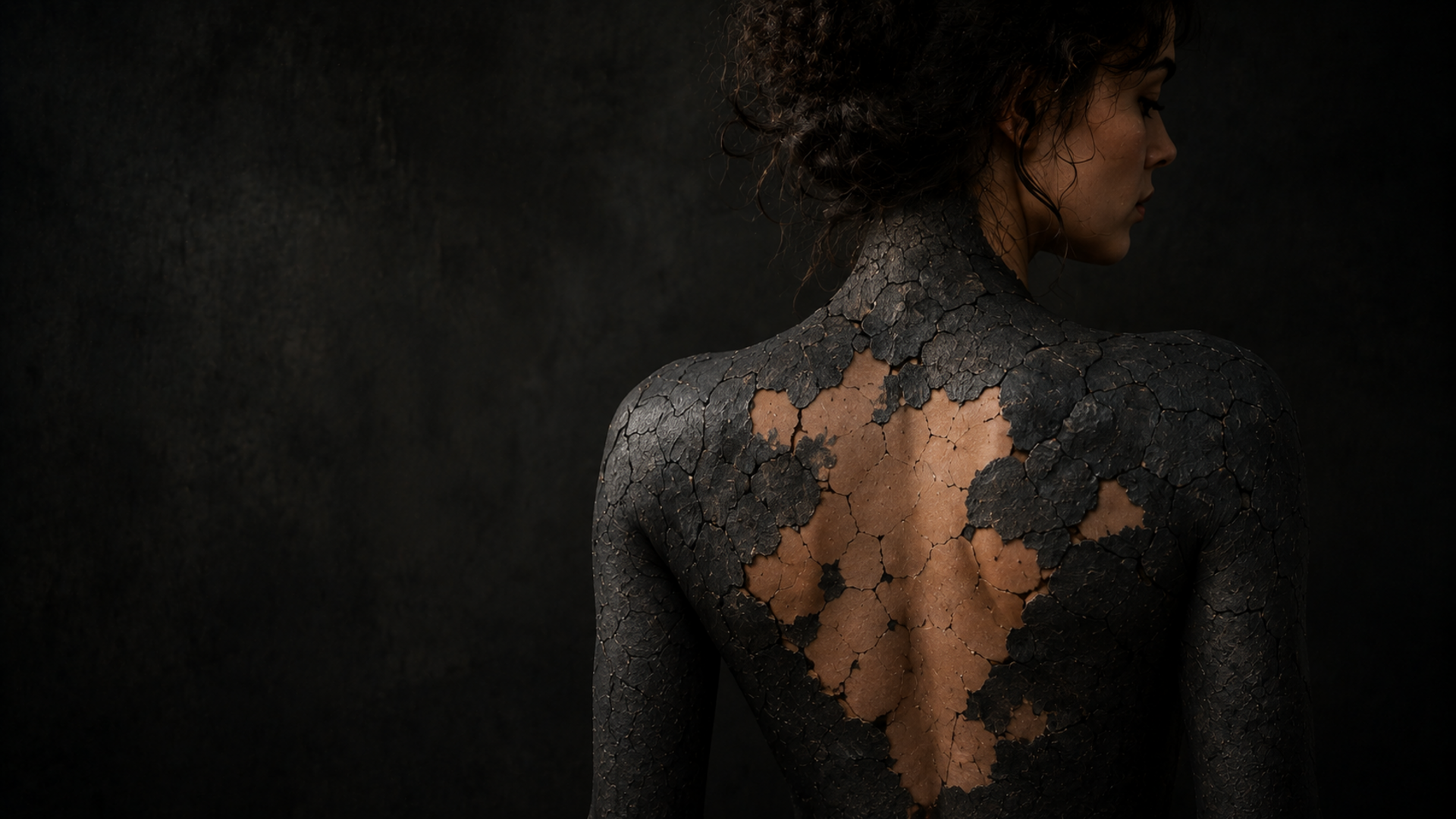 Carapace noire se détachant doucement du dos d’une femme
