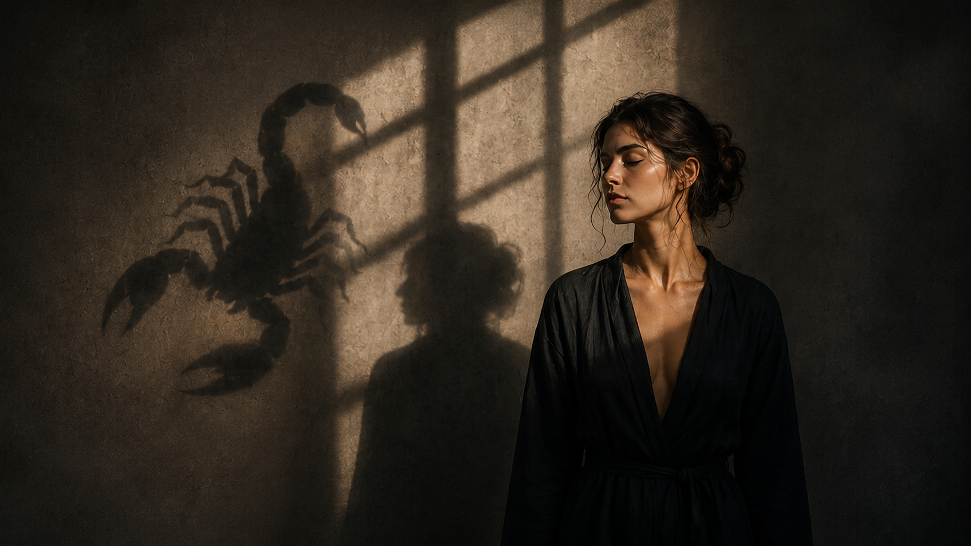 Femme face à l’ombre imposante d’un scorpion