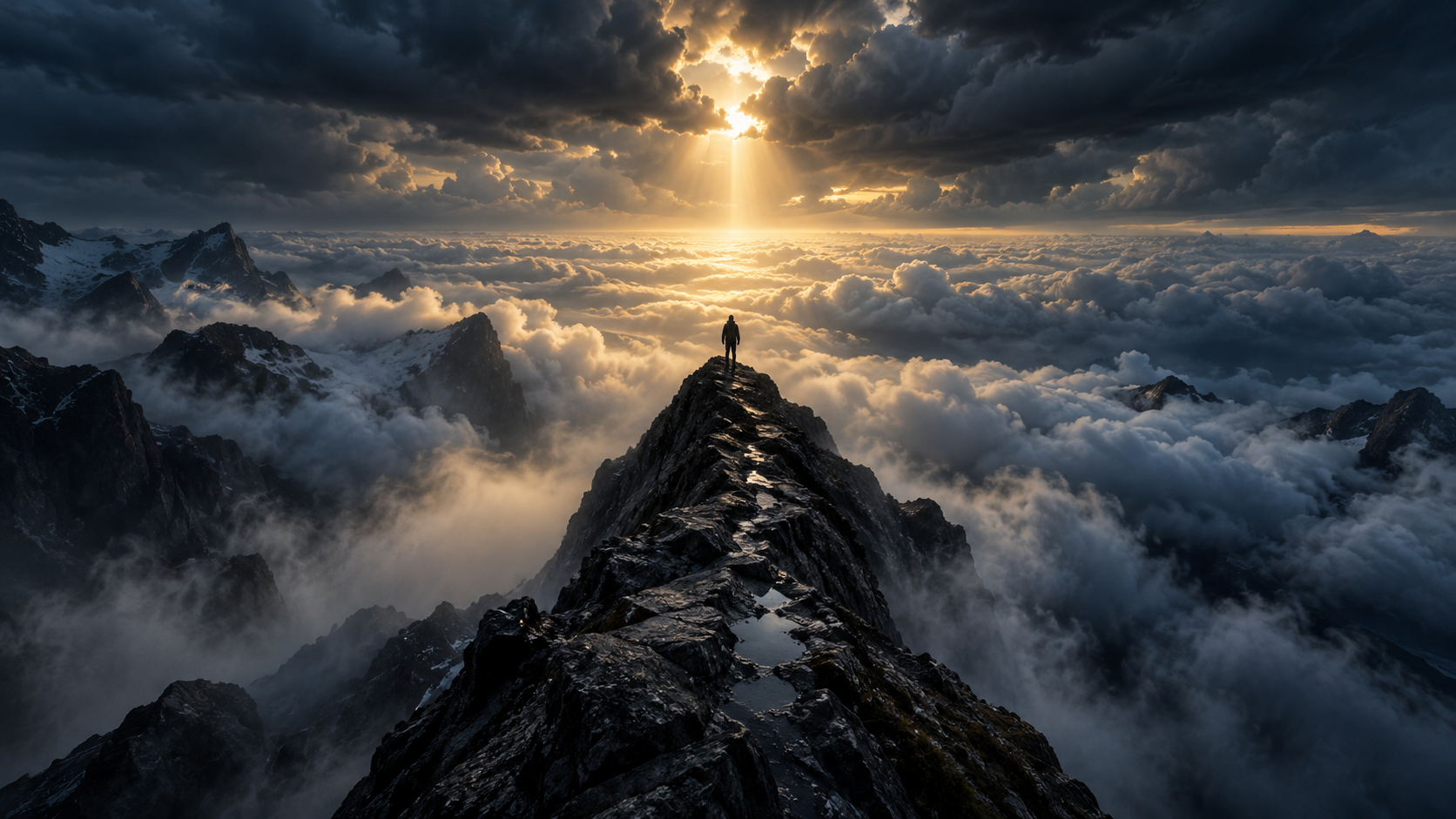 Silhouette sur une crête dominant une mer de nuages traversée par la lumière