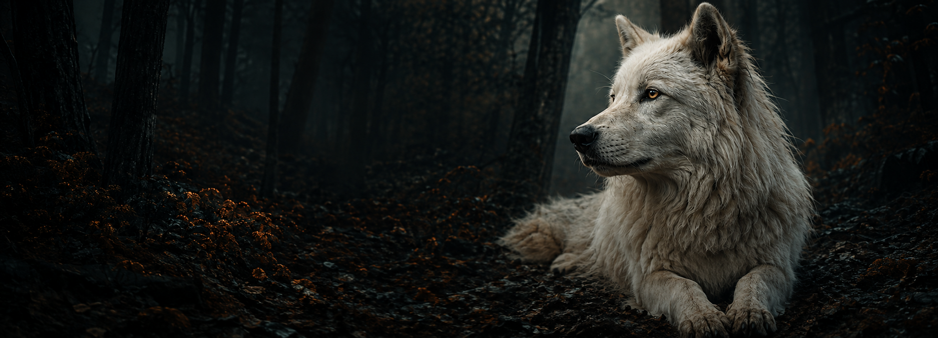 Loup blanc dans une forêt sombre