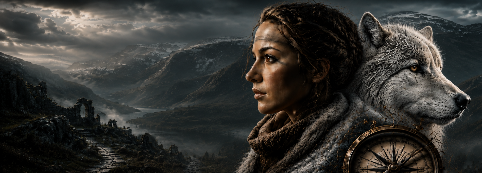 Femme et loup blanc dans un paysage nocturne