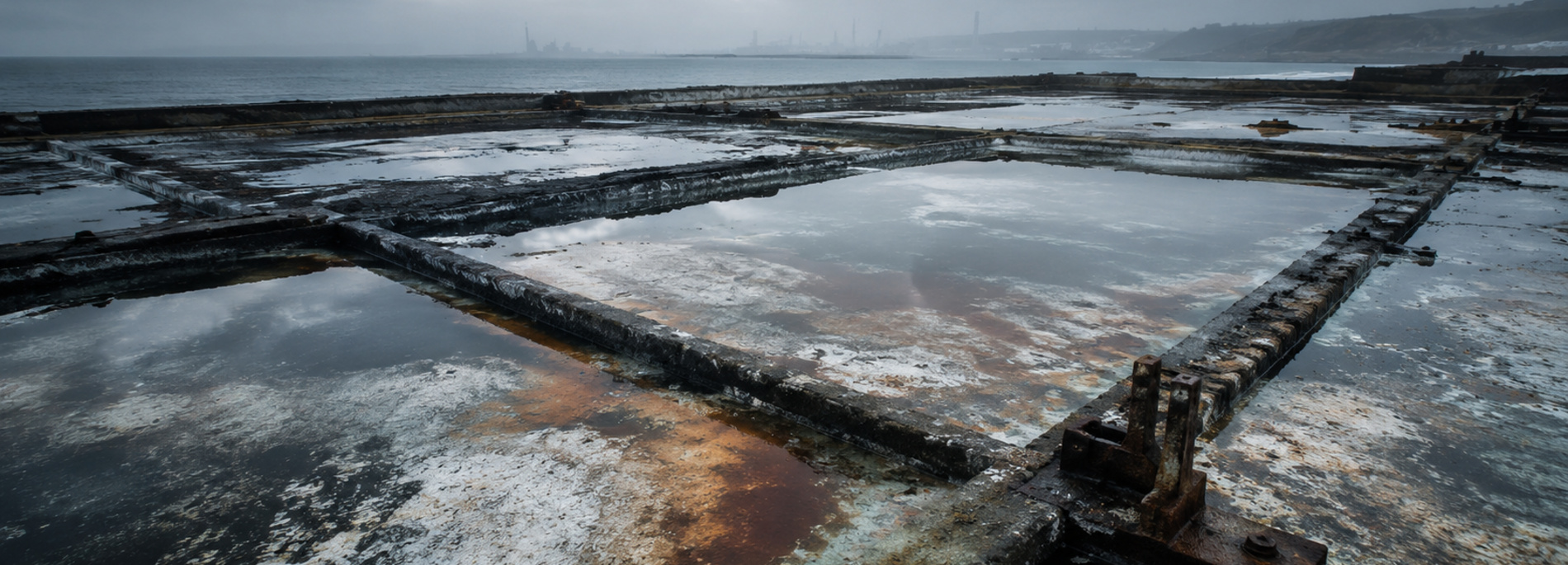 Anciens bassins industriels salins sous un ciel de brume